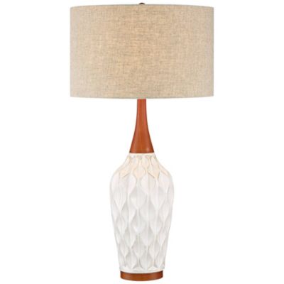 Rocco Mid Century Modern Table Lamp 30" Tall White Wave Geometric Ceramic Oak Wooden Neck Tan Fabric Drum Shade for Living Room Bedroom House Bedside Nightstand Home Office - 360 Lighting