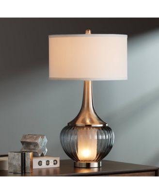 Courtney Modern Table Lamp 28 1/2" Tall Fluted Smoked Glass with Nightlight White Linen Drum Shade for Bedroom Living Room Nightstand