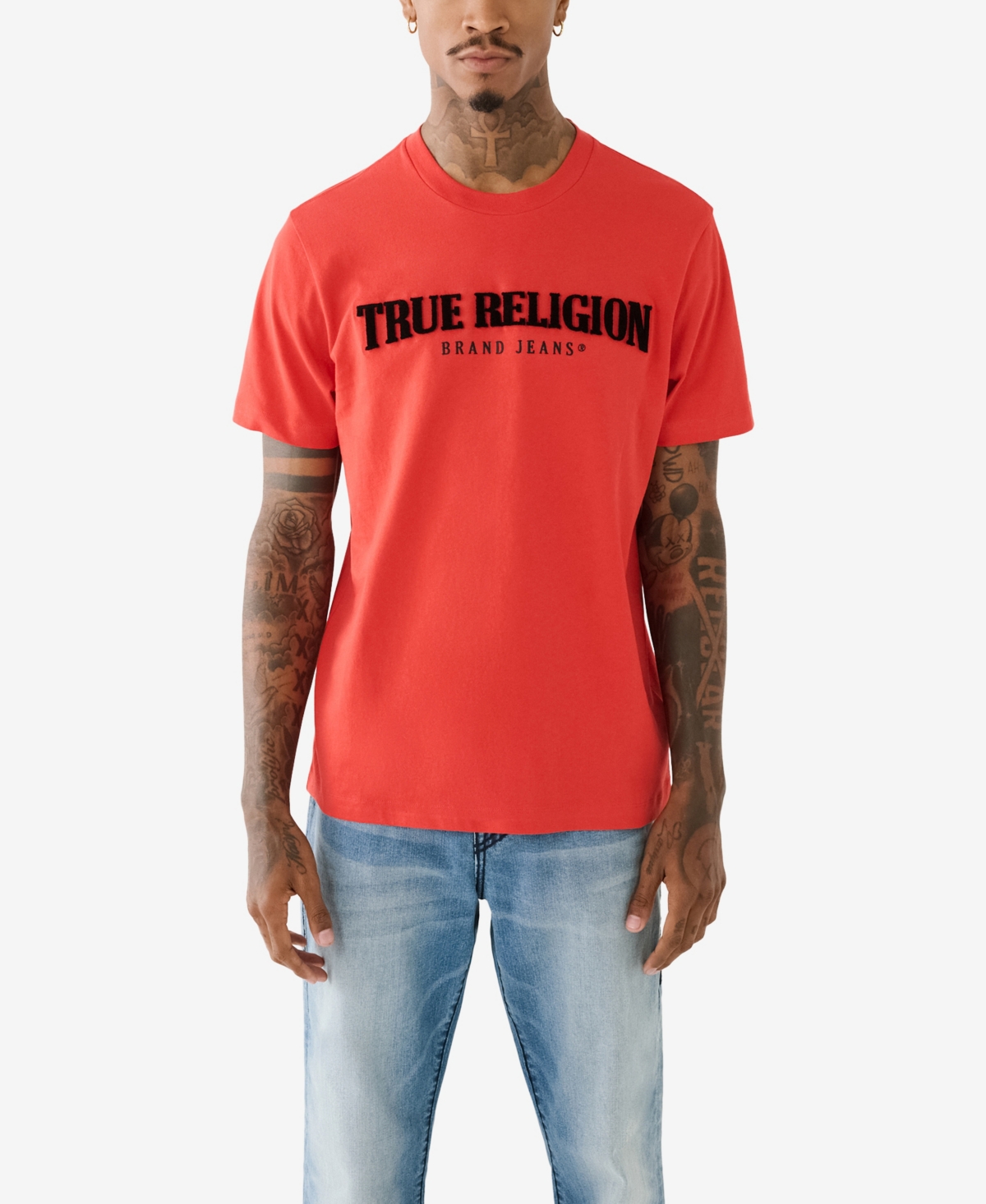 True Religion Men's Short Sleeve Pile Arch Logo T-shirt In Washed Red