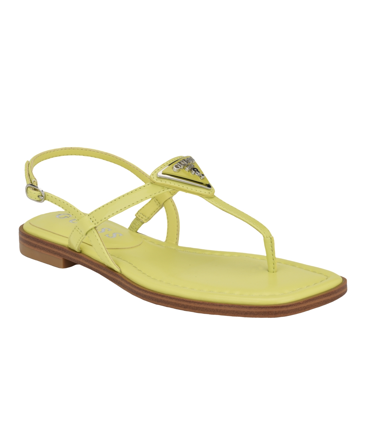Guess Women's Rainey Logo Sqaure Toe T-strap Flat Sandals In Yellow- Faux Patent Leather