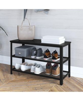 Solid Pine Wood 3-Tier Entryway Shoe Rack Bench With Metal Mesh Shelves, For Entryway, Mudroom, Or Bedroom, And More!