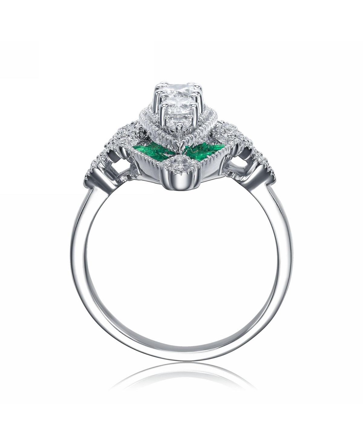 Sterling Silver White Gold PlatedBaguette and Round Cubic Zirconia Classic Ring - Green