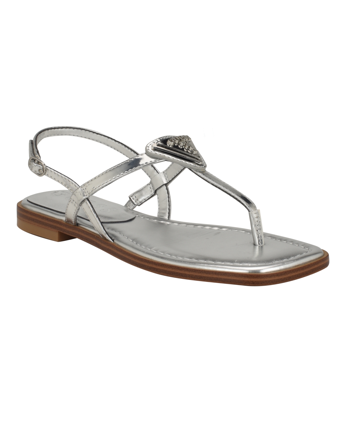 Guess Women's Rainey Logo Sqaure Toe T-strap Flat Sandals In Silver- Manmade