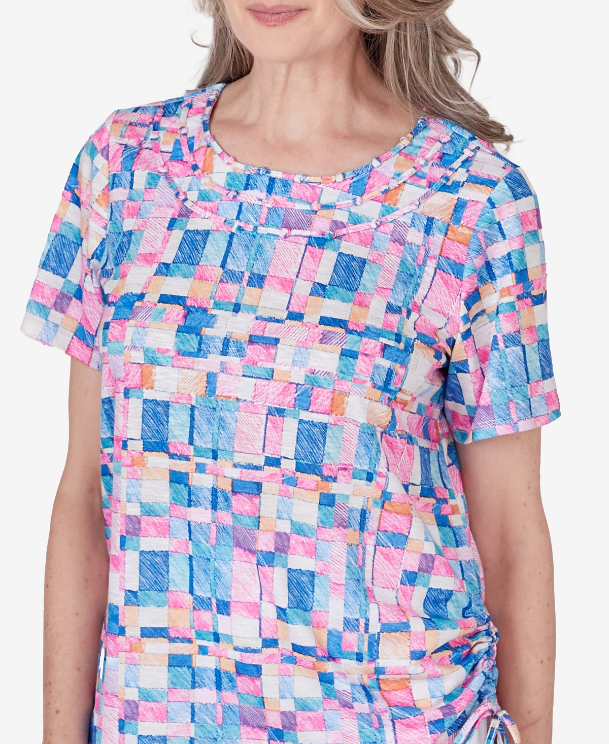 Alfred Dunner Women's Paradise Island Braided Neckline Geometric Top