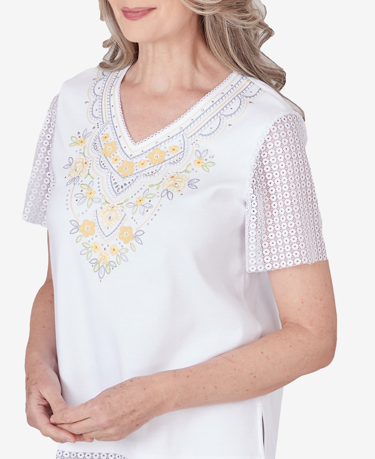 Alfred Dunner Women's Charleston Lace Sleeves Embroidered Top
