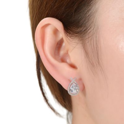 Classy White Gold Plated with Clear Cubic Zirconia Oval Drop Earrings