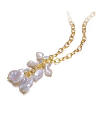 Elegant Sterling Silver 14K Gold Plated 23MM Genuine Freshwater Baroque Pearl Pendant Necklace