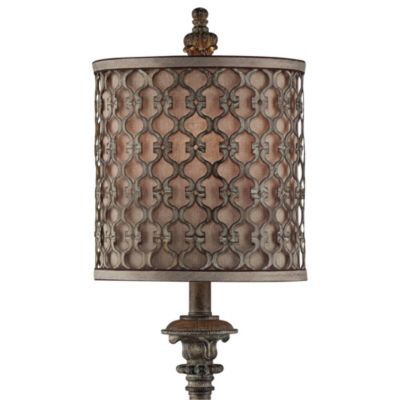 French Buffet Table Lamp Beige Scroll Metal Lattice Candlestick Framed Cylinder Shade for Dining Room
