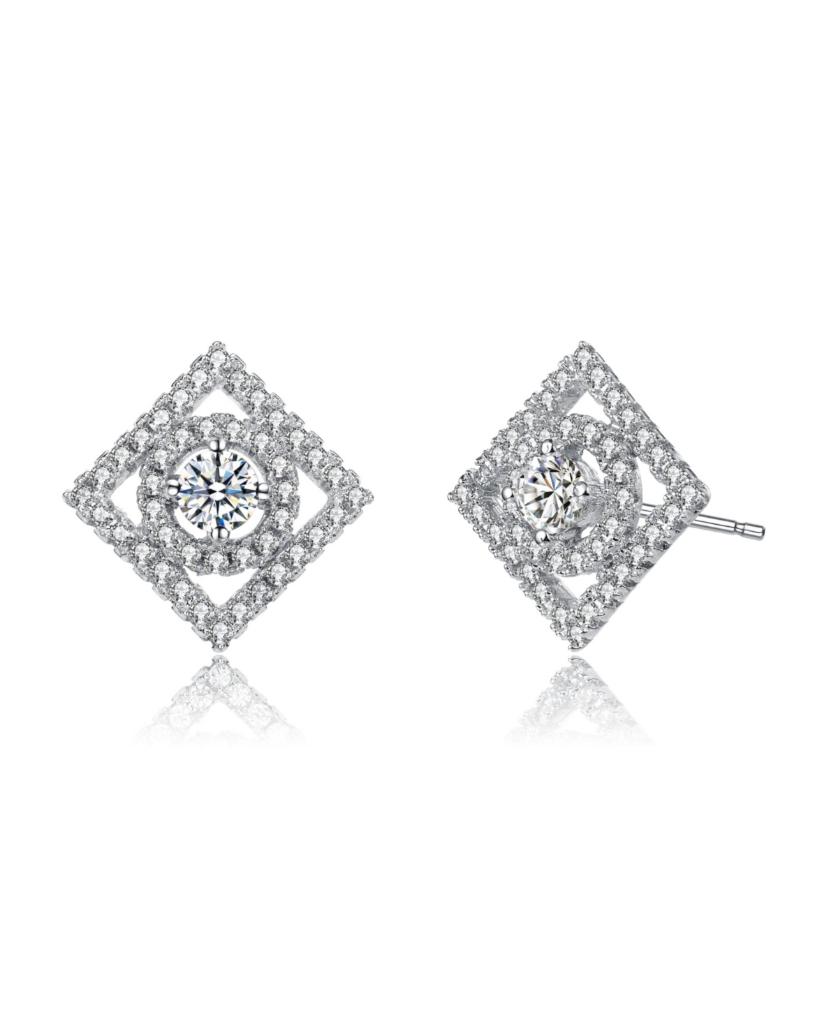 Elegant White Gold Plated with Clear Cubic Zirconia Square Shaped Stud Earrings - Silver