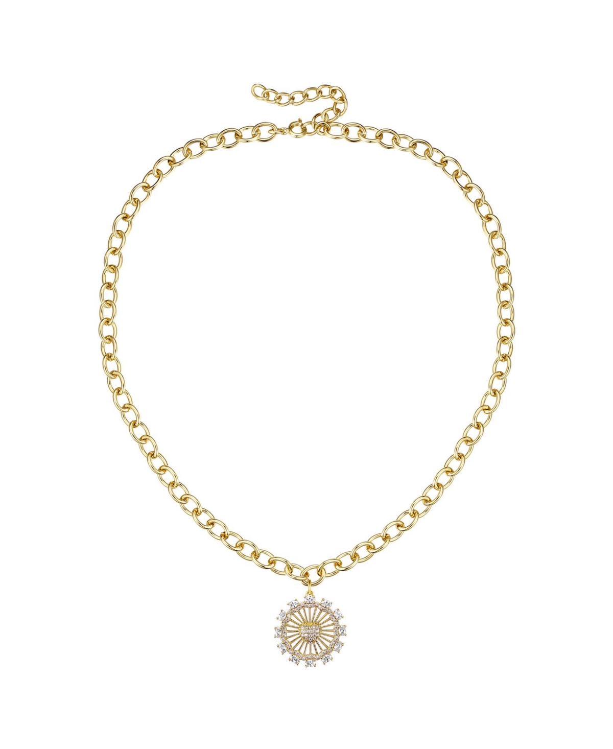 14k Gold Plated with Cubic Zirconia Sunshine Flower Pendant Curb Chain Adjustable Necklace - Gold