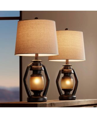 Horace Rustic Table Lamps 25 1/4" High Set of 2 Brown with Nightlight Miner Lantern Oatmeal Drum Shade for Bedroom Living Room