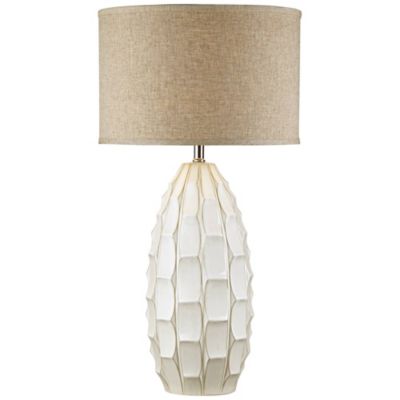 Cosgrove Mid Century Modern Coastal Table Lamp 32.75" Tall Ceramic White Handcrafted Beige Fabric Drum Shade Decor for Living Room Bedroom House Bedside Home (Colors May Vary) - Possini Euro Design