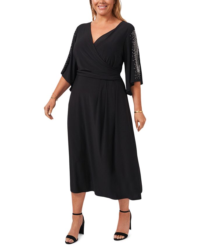 MSK Plus Size Surplice-Neck Rhinestone-Sleeve Dress - Macy's