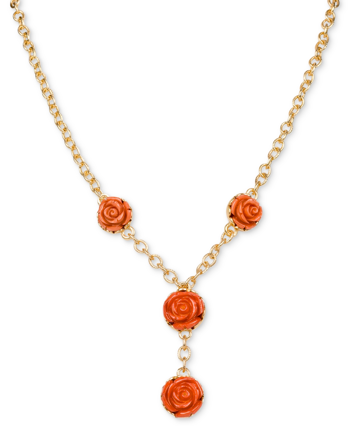 Patricia Nash Gold-tone Carved Rose Lariat Necklace, 18" + 3" Extender In Egyptian Gold,pink