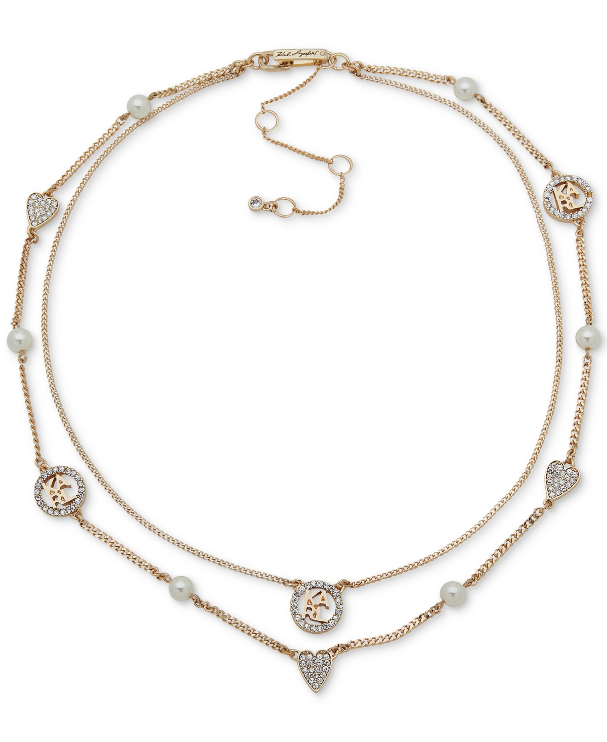 Shop Karl Lagerfeld Gold-tone Pave Heart, Logo & Imitation Pearl Layered Collar Necklace, 16" + 3" Extender