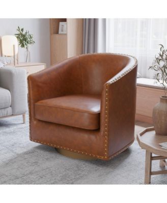 Ada Upholstered Club Style Barrel Chair With Nail Trim, Sloped Arms, And 360 Degree Swivel Base In A Vinyl Wrap