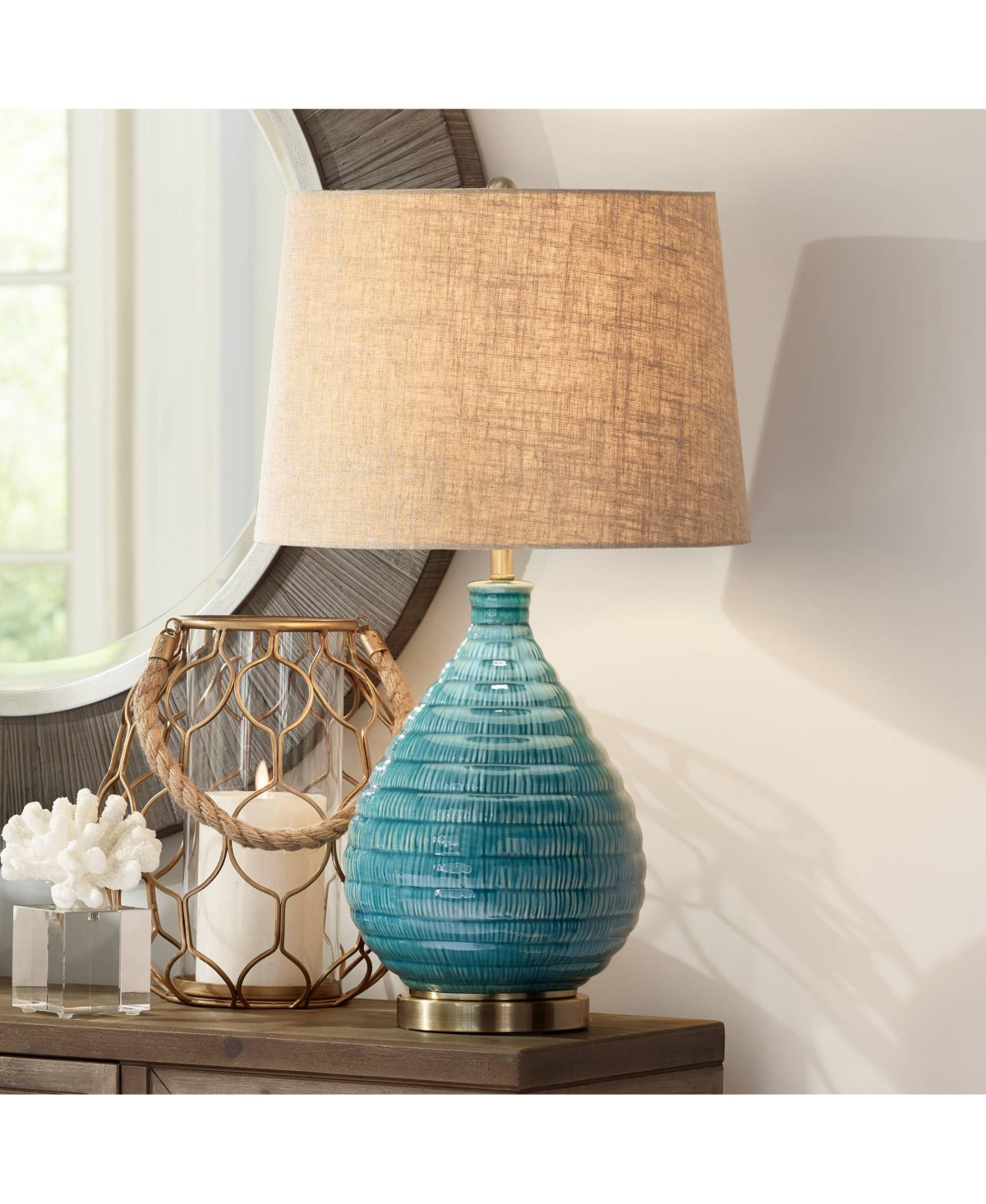 360 Lighting Kayley Mid Century Modern Coastal Table Lamp Textured Ceramic 24" High Sky Blue Glaze Linen Fabric T