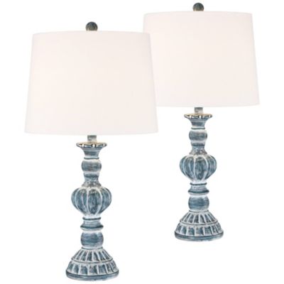Tanya Coastal Traditional Vintage like  Style Table Lamps 26.5" High Set of 2 Blue Washed White Tapered Drum Shade Decor for Living Room Bedroom Beach House Bedside Nightstand Home - Regency Hill