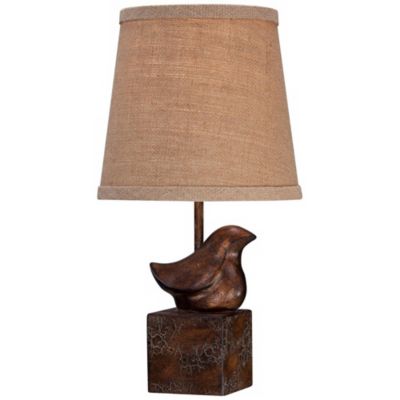 Bird Moderne Rustic Farmhouse Accent Table Lamp 15 1/2" High Sculptural Crackle Bronze Brown Natural Burlap Drum Shade Bedroom Nightstand