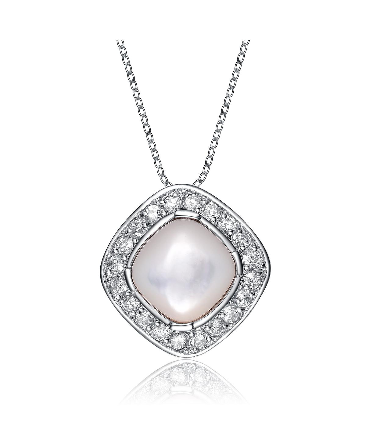 Genevive Sterling Silver White Cubic Zirconia Around Faux Pearl Oval Pendant
