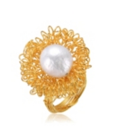 Unique Sterling Silver 14K Gold Plated 14MM Genuine Freshwater Pearl Ring - Gold