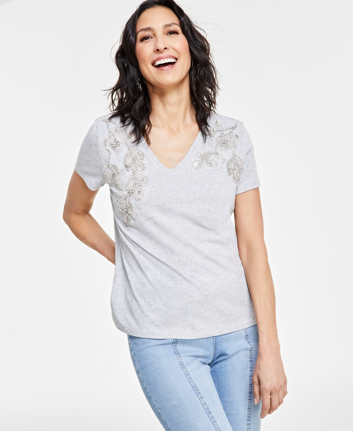 Inc International Concepts Women's Embellished V-neck Short-sleeve Top, Created For Macy's In Heather Belle Grey