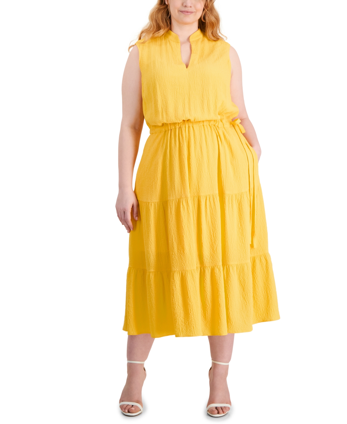 Shop Anne Klein Plus Size Sleeveless Tiered Midi Dress In Golden Yellow