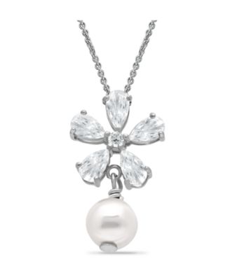 White Cultured Pearl and Cubic Zirconia Floral Pendant Necklace