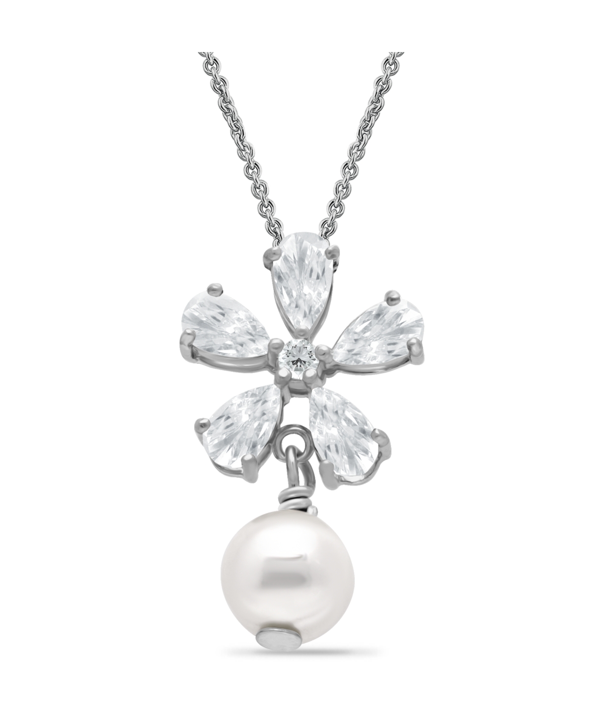 Shop Macy's White Cultured Pearl And Cubic Zirconia Floral Pendant Necklace In Silver