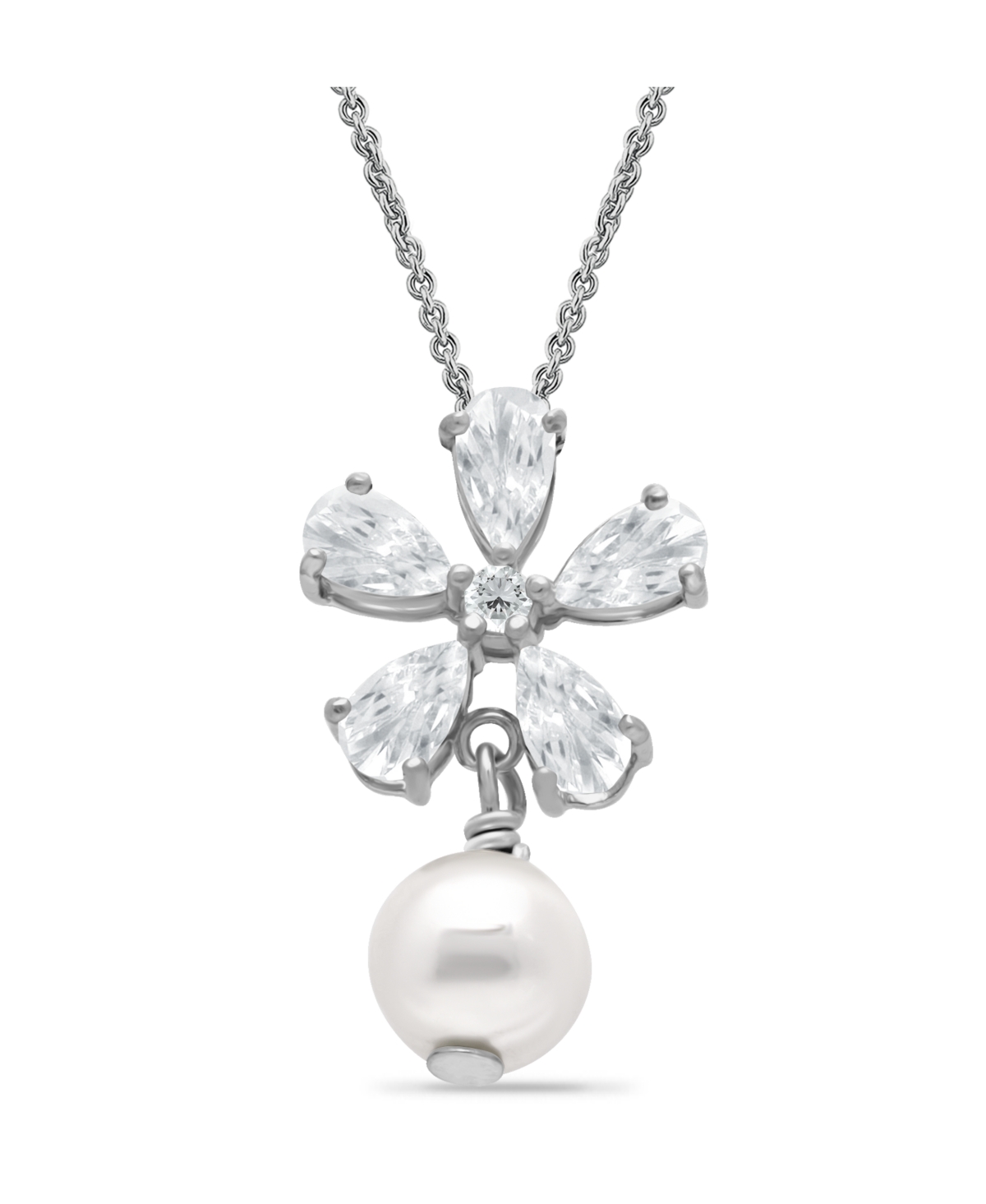 Macy's White Cultured Pearl And Cubic Zirconia Floral Pendant Necklace In Silver