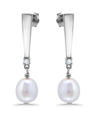 White Cultured Pearl Polish Graduated Bar Drop Earring
