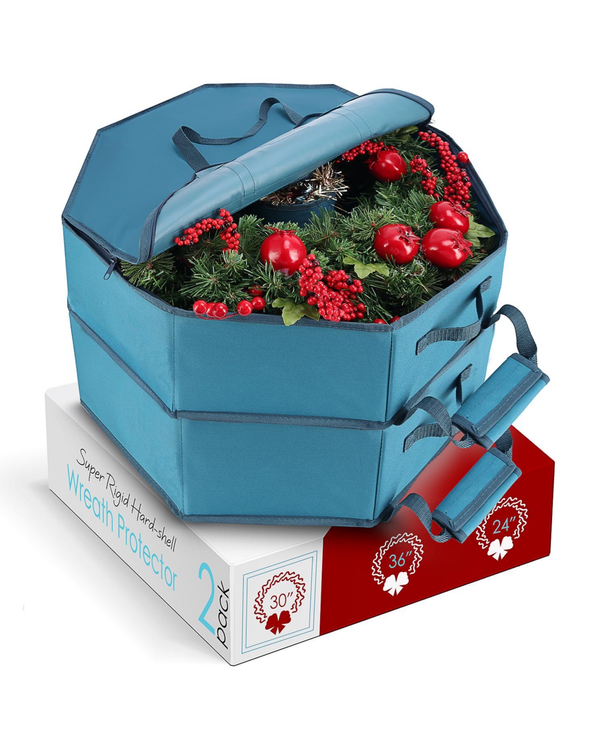 Premium Hard Shell Wreath Storage Bag with Interior Pockets, Dual Zipper and Handles - 30 Inch - 2 Pack - Blue
