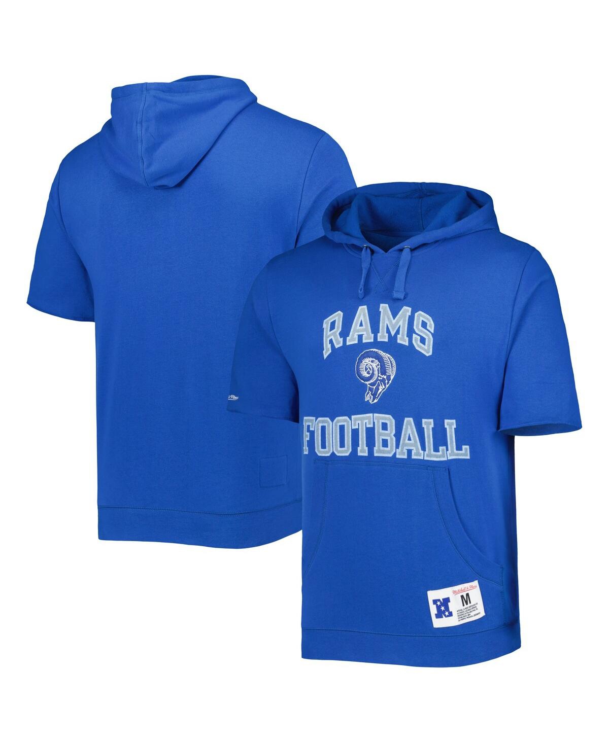 Men's Mitchell & Ness Royal Distressed Los Angeles Rams Washed Short Sleeve Pullover Hoodie - Royal
