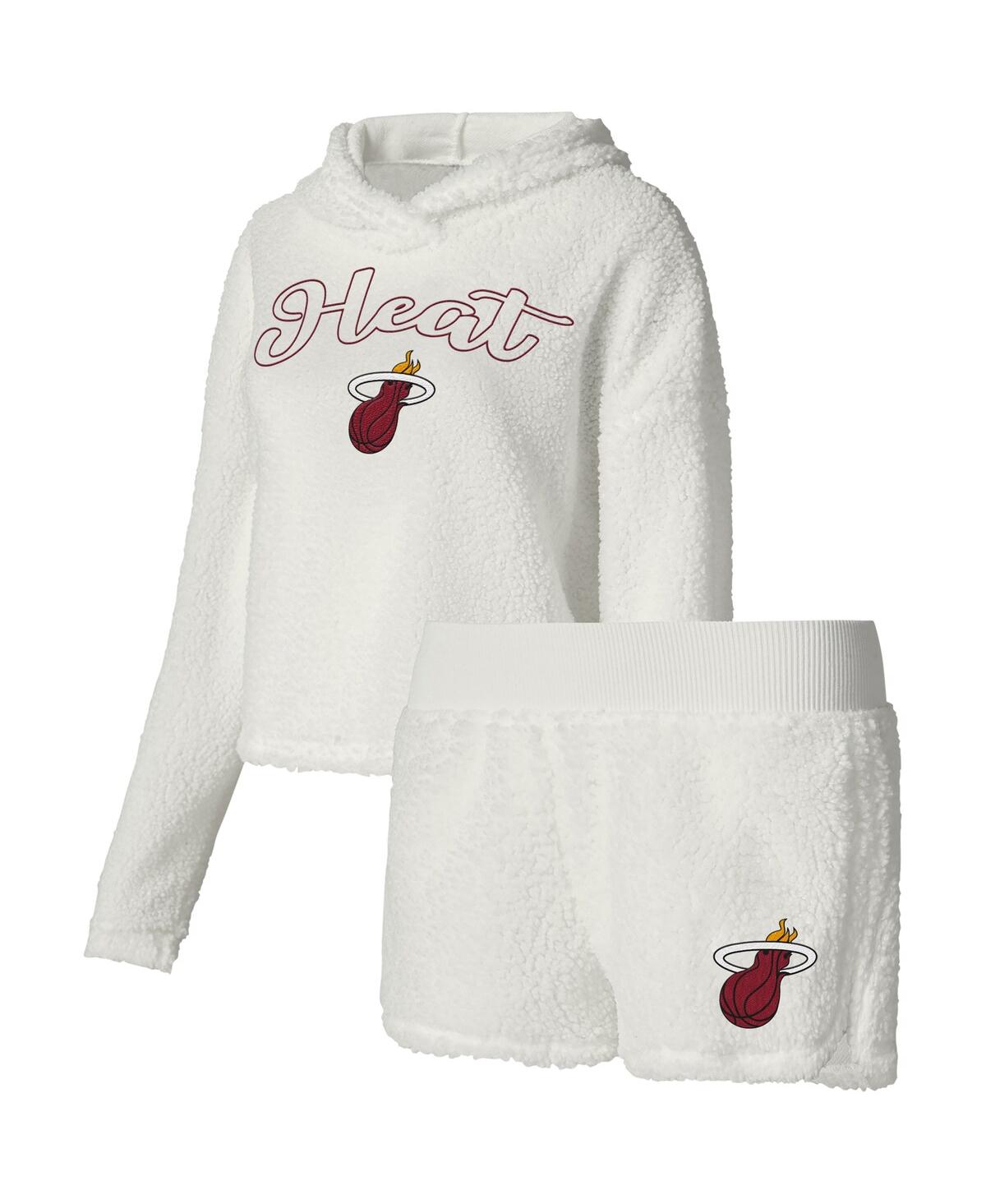Women's College Concepts Cream Miami Heat Fluffy Long Sleeve Hoodie T-shirt Shorts Sleep Set - Cream