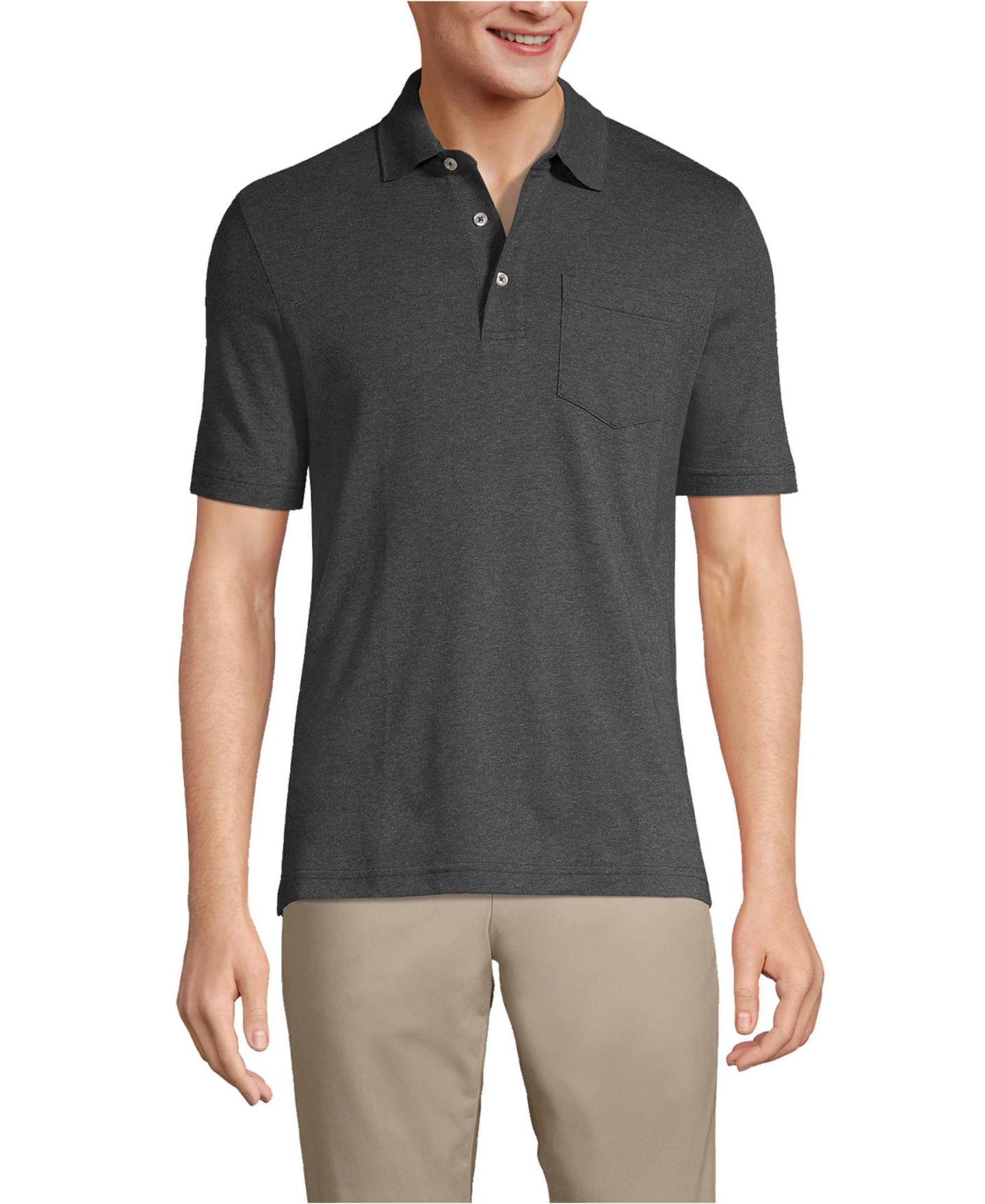 Мужское поло Lands' End Short Sleeve Cotton Supima Polo Shirt with Pocket, цвет: Тёмный угольный меланжевый — фото 1
