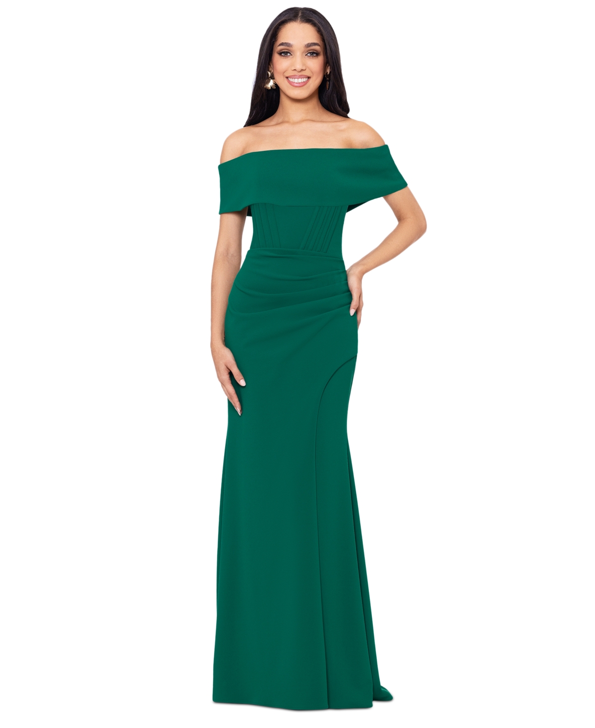 Betsy & Adam Women's Off-the-shoulder Front-slit Gown In Green