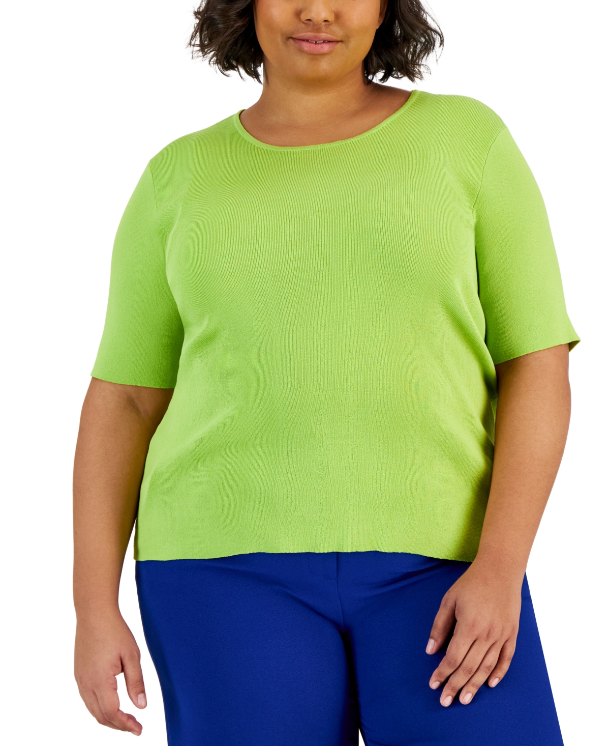 Tahari Asl Plus Size Elbow-sleeve Sweater T-shirt In Lime