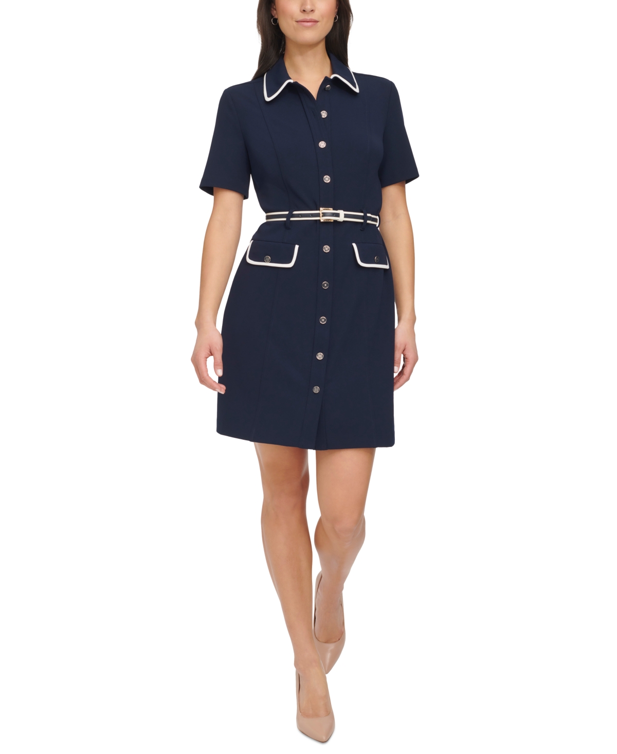 Shop Tommy Hilfiger Petite Piping Trim Belted Shirtdress In Sky Captain,ivory