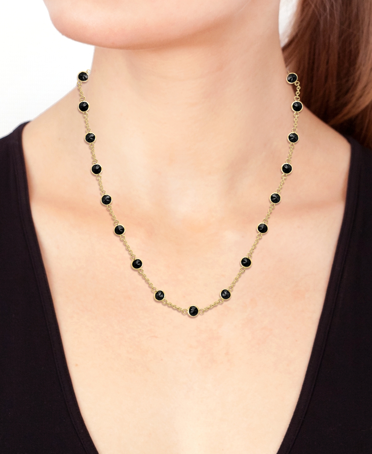 Effy Collection Effy Onyx Bezel Station & Chain 18" Collar Necklace In 14k Gold In Yellow Gol