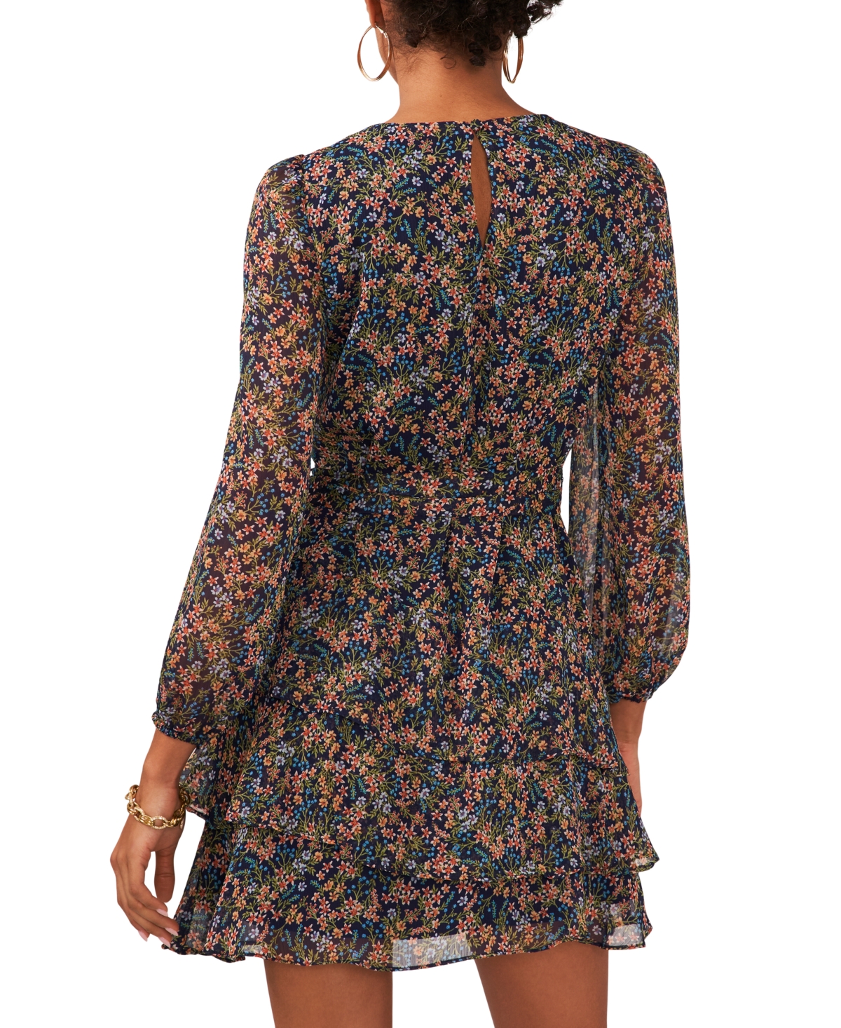 Shop Msk Petite Floral Print Blouson-sleeve Fit & Flare Dress In Navy