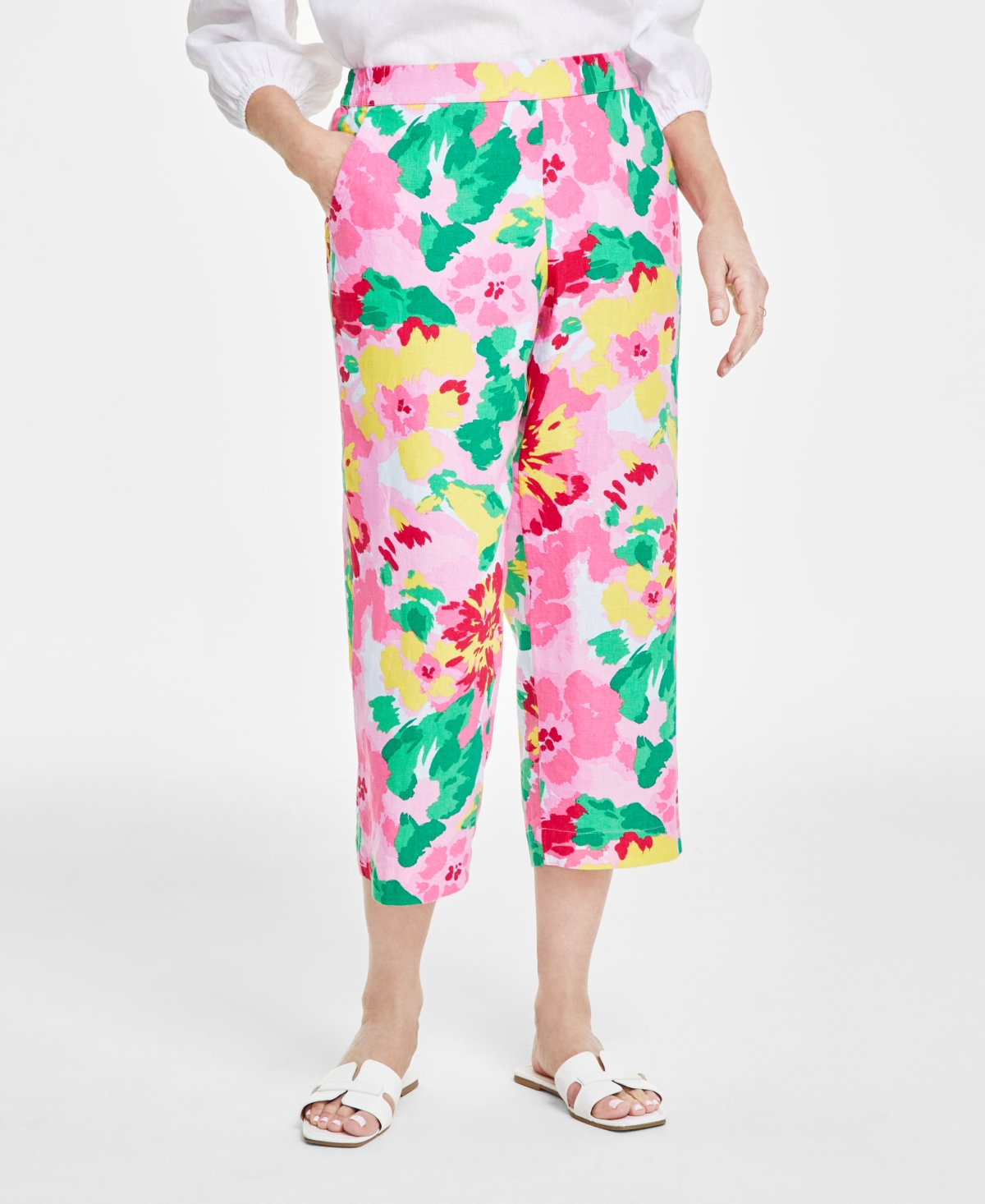 Shop Charter Club Women's 100% Linen Printed Cropped Pull-on Pants, Created For Macy's In Bubble Bath Combo