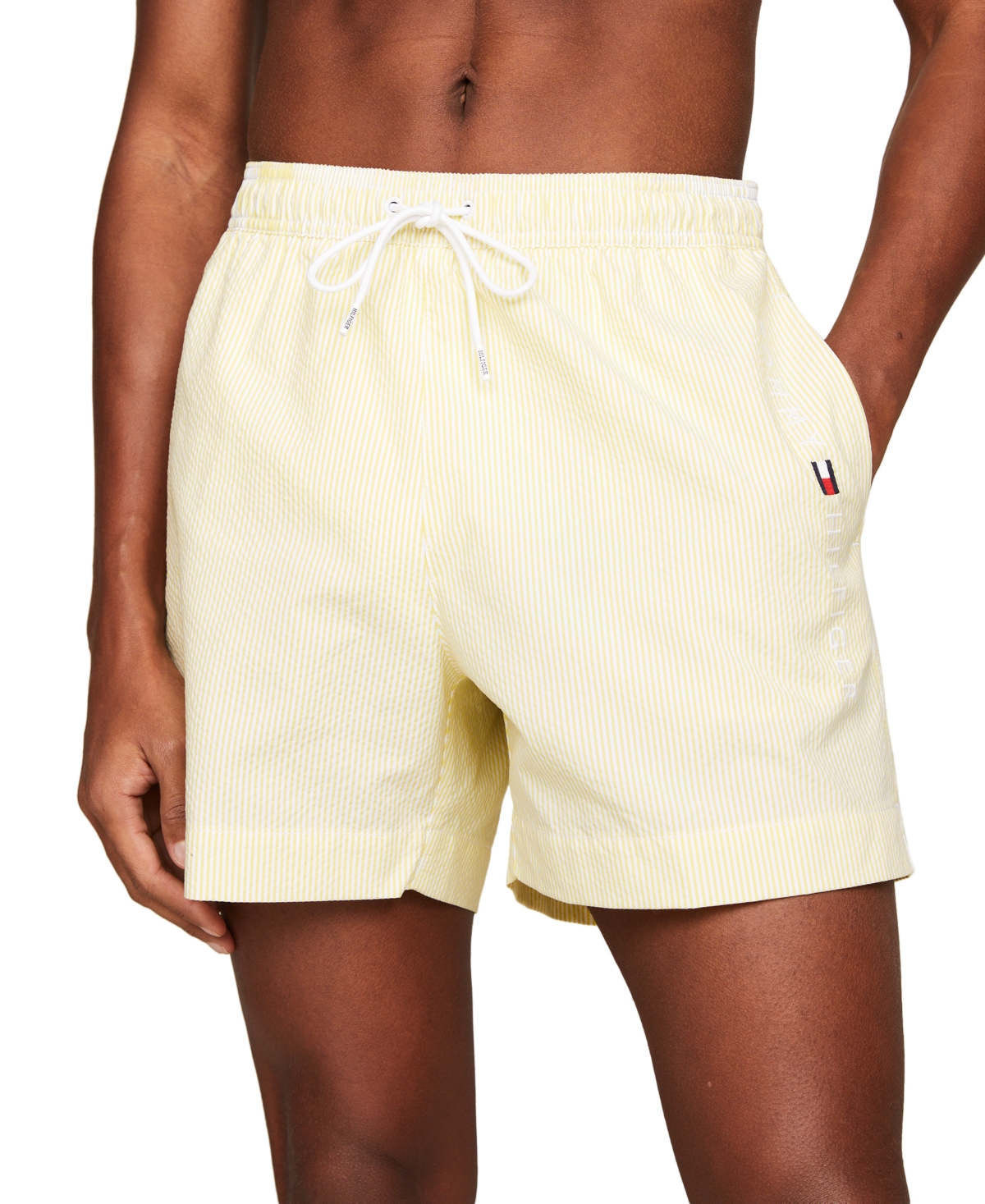 Tommy Hilfiger Men's Striped 5" Swim Trunks In Ithaca White,valley Yellow