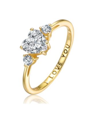 Sterling Silver Heart and Round Clear Cubic Zirconia's Three-Stone "I Love You" Ring