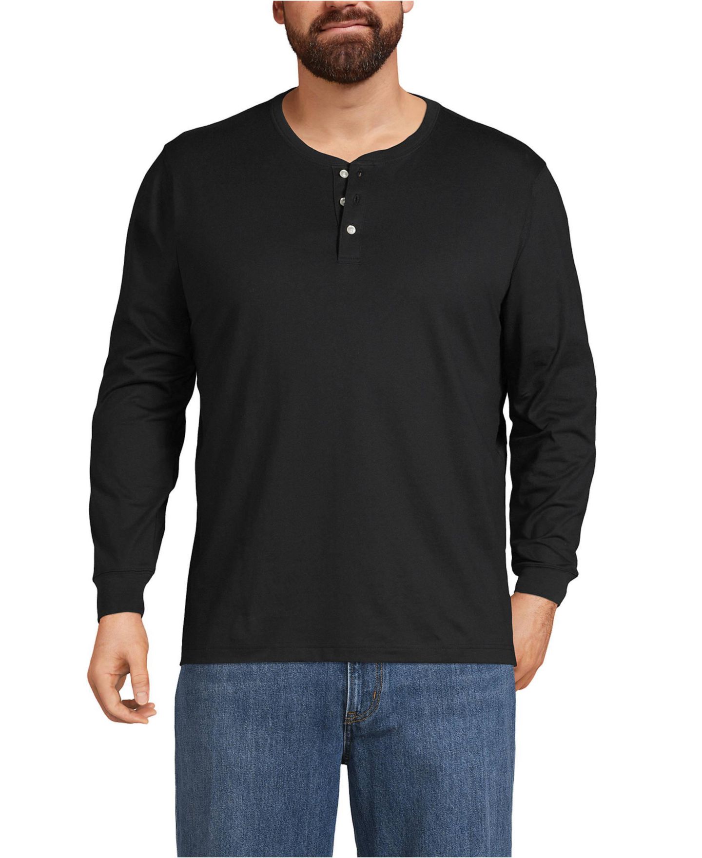 Мужская рубашка Lands' End Big & Tall Super-T Long Sleeve Henley, цвет: Чёрный — фото 1