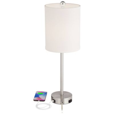 Trotter Modern Table Lamps 23 3/4" High Set of 2 Brushed Nickel with USB and AC Power Outlet in Base White Fabric Cylinder for Home Desk