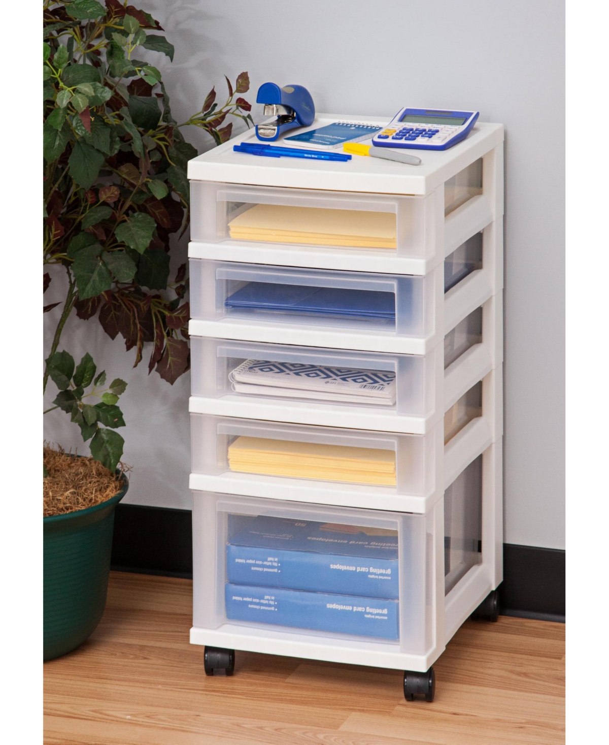 Iris Usa 5 Drawer Clear Plastic Drawer Cart Rolling Storage,- White