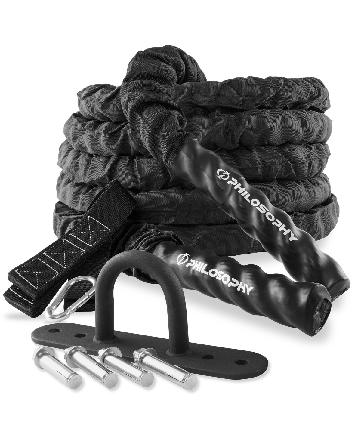 30 Foot Exercise Battle Rope 1.5 Inch Diameter with Cover and Anchor Kit - Black