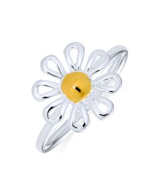 Delicate Tiny Two Tone Flower Daisy Ring Thin 1MM Band Gold Plated Sterling Silver