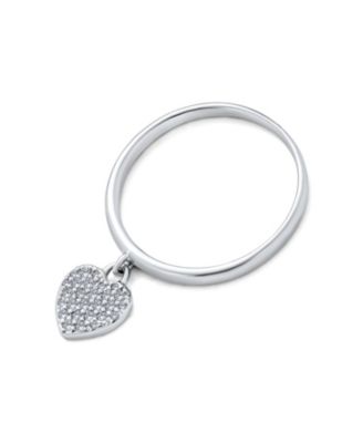 Simple Delicate Sterling Silver Pave Dangle Heart Charm Ring For For 1MM Thin Band