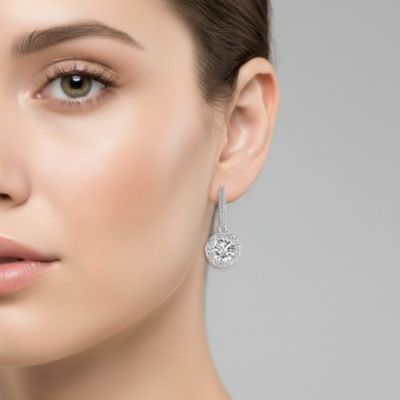 Women's Sterling Silver White Gold Plated Clear Round Cubic Zirconia Haloed Solitaire Drop Earrings